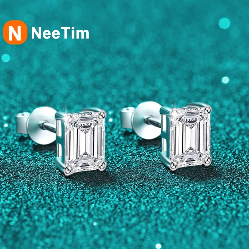 

NeeTim 2ct Emerald Cut Radiant Cut Moissanite Earrings S925 Sterling Silver Wedding Ear Studs Fine Jewelry for Women Girls Gift