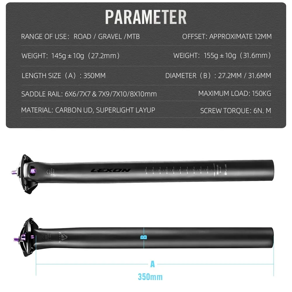 LEXON Ultralight Carbon Seatpost 27.2/31.6mm 145g/155g 350mm MTB Gravel Road - Image 6