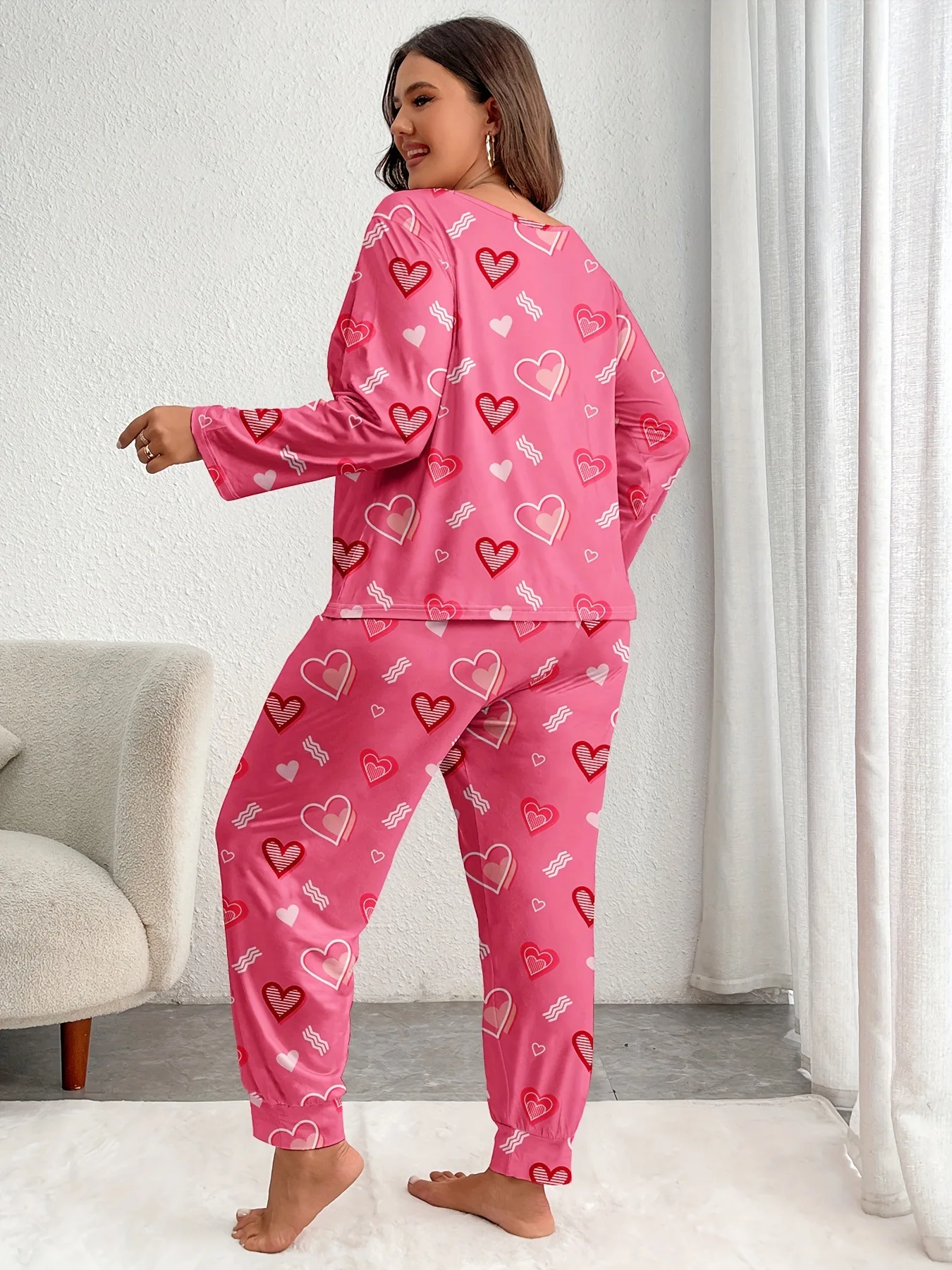 Autumn Winter Pink Heart Print Plus-Size Sleepwear Women Pajama Set Long Sleeve Tops and Trousers 3XL 4XL 5XL Loungewear