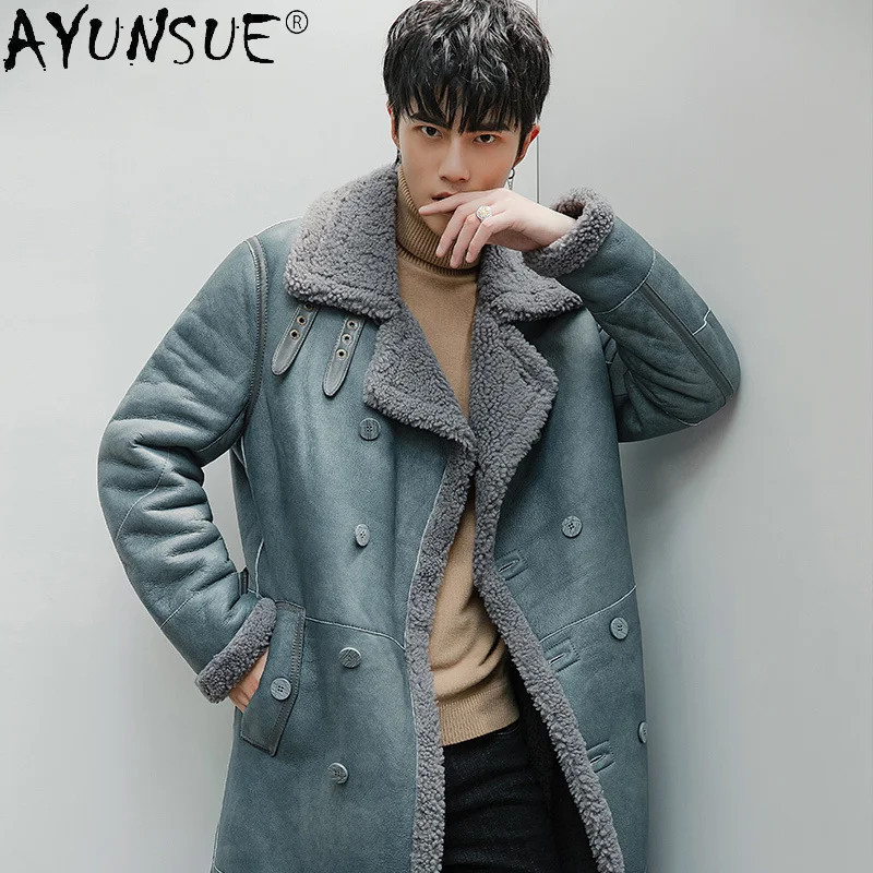 

Natural Fur Coat Men Winter Warm Genuine Leather Jacket Male Long Loose Korean Wool Coats Belted New Veste Homme SQQ774