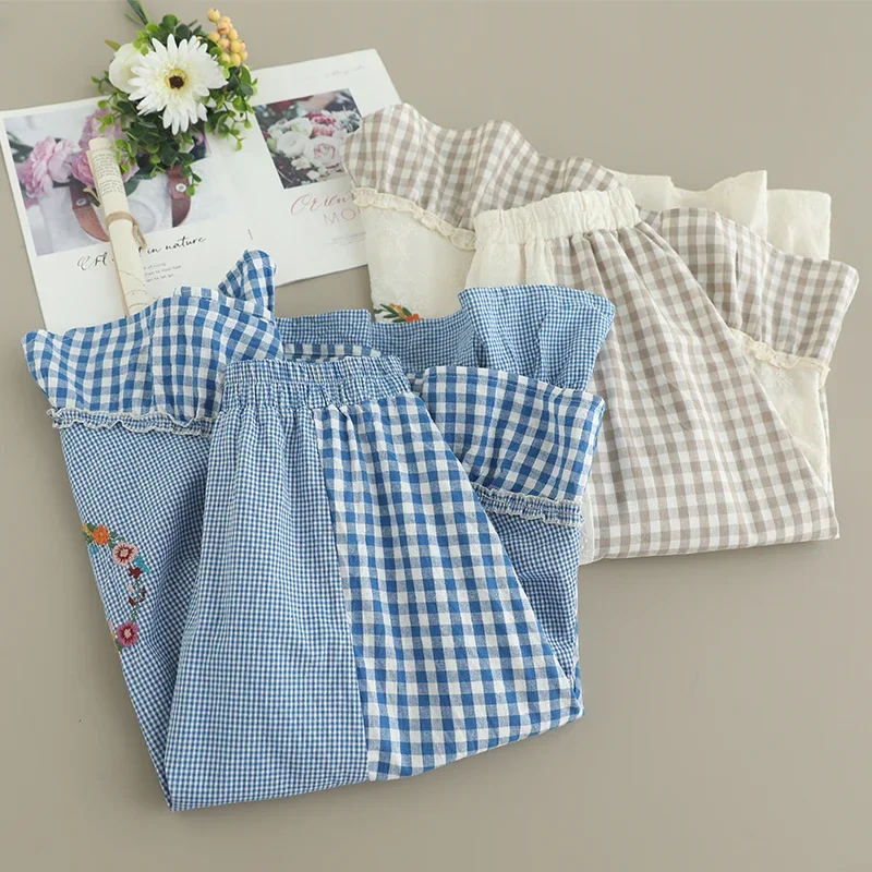 Summer Sweet Mori Girl Irregular Plaid Floral Embroidery Patchwork Skirt Women Elastic Waist Casual Loose Cotton Linen Skirts