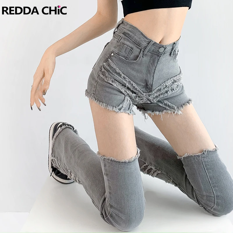 REDDACHiC-데님 반바지 & 레그 워머 세트 여성용, 플레어 청바지, 하이..