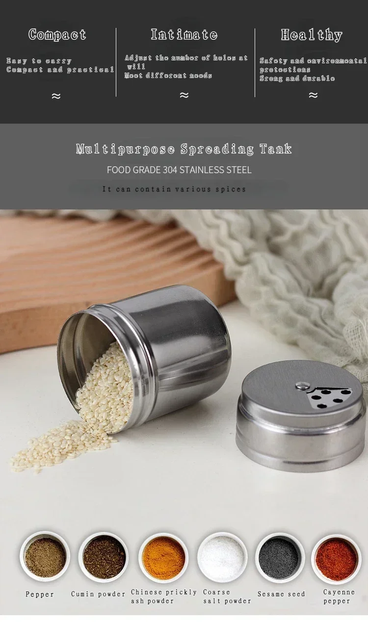 Description Picture 4 of itemSalt Sugar Bottle Rotating Cover Multi-purpose Stainless Steel Kitchen Gadgets Spice Pepper Shaker Spice Jar Seasoning Can
