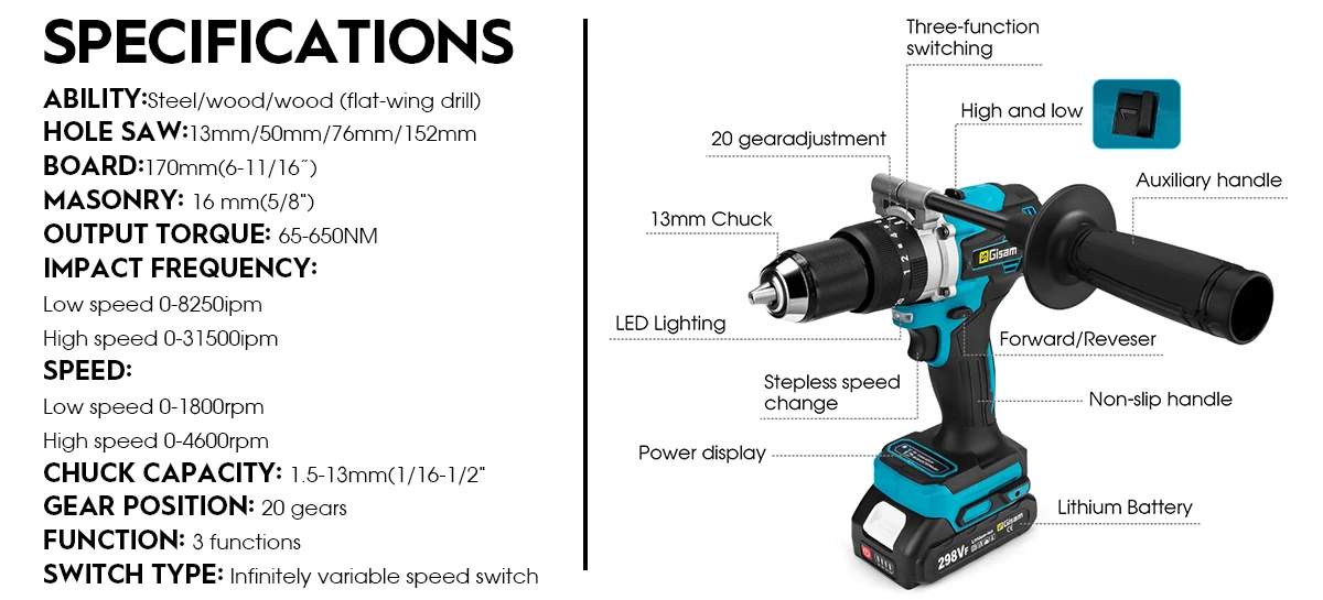 Powerful Electric Impact Drill Screwdriver 13mm Chuck Brushless Battery Impact H