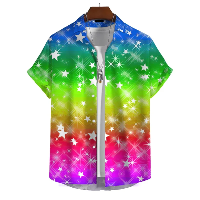 3d Print Rainbow Shirt Men Summer Lapel Short Sleeved Holiday Party Shirts Streetwear Hip Hop Blouse Tops Male Clothing