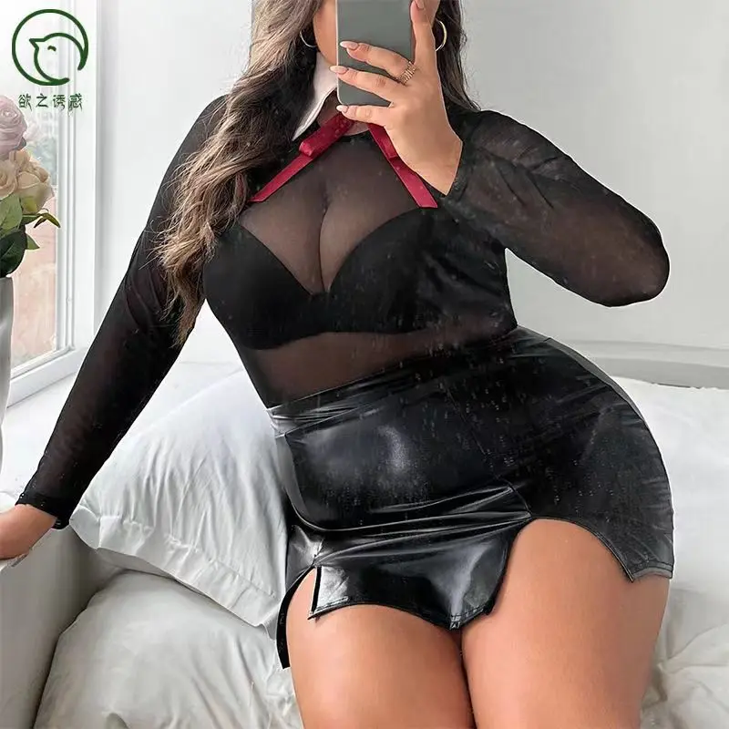 

New Women's Sexy Pluse Size Mesh See-through Roleplay Teacher Uniform Adult Lady Stylish Large Size Cosplay Lingerie Dress XXL