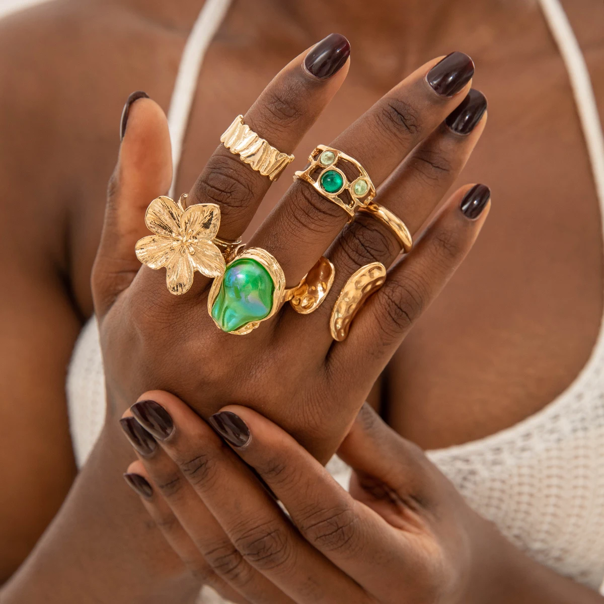 Docona فضي اللون هندسية المفصل خواتم مجموعة للنساء العين الصليب الشمس والقمر ليف سحر البنصر الإناث بوهو مجوهرات الحفلات