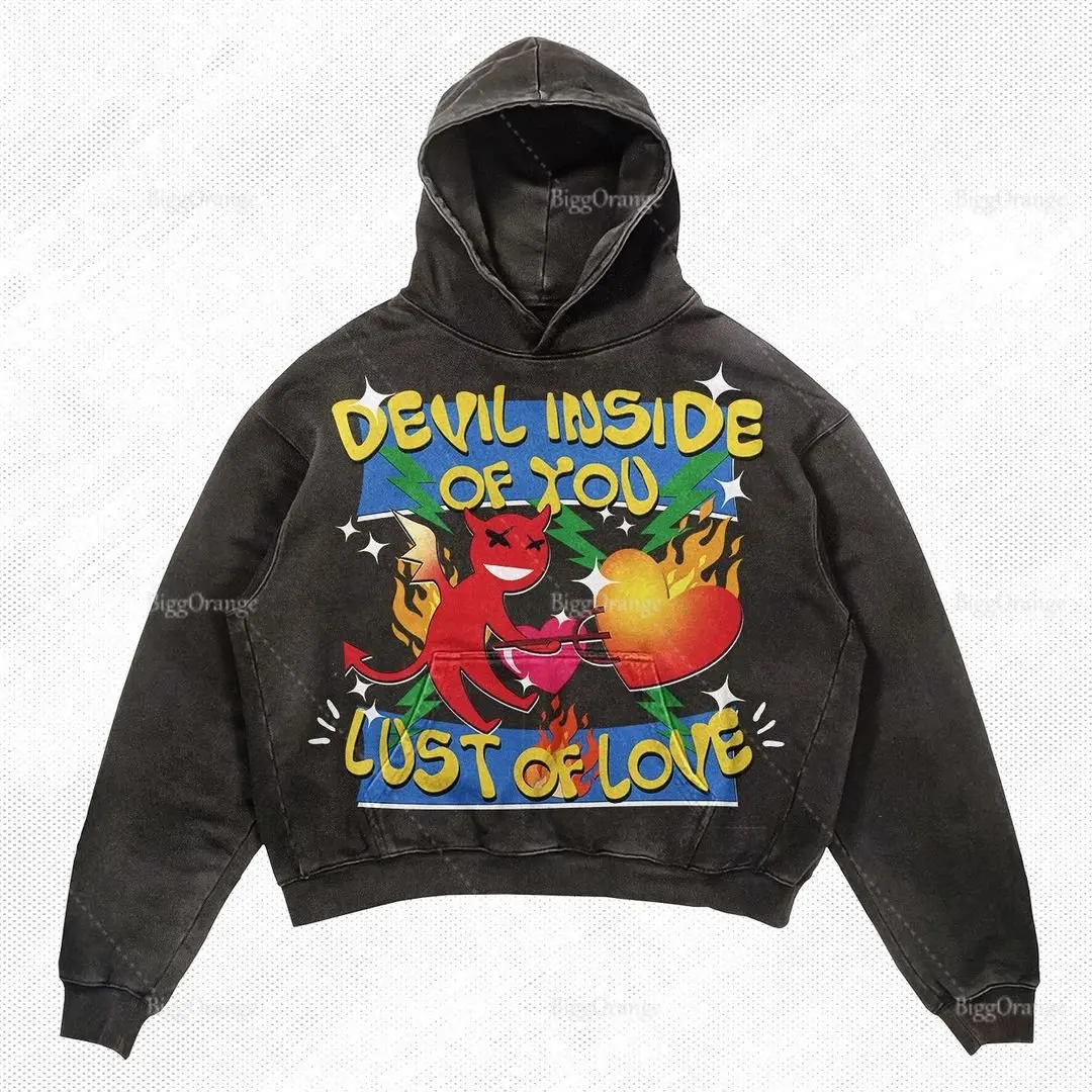 Hip Hop Streetwear Hoodie Men and Women Love Letter Print Casual Loose Sweatshirt Heart Demon Print Sweatshirt