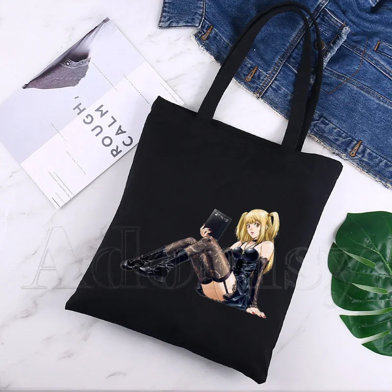 

Дизайнерские холщовые сумки на плечо Misa Amane, Вместительная женская сумка для колледжа, черная сумка для покупок