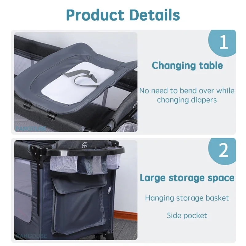 PANGDUBE culla di alto livello lettino neonato 125*65cm culla a doppio strato, fasciatoio, box, zanzariera per lettino a dondolo