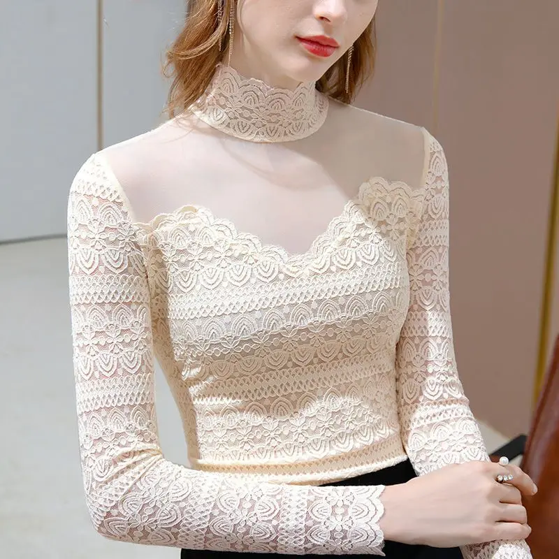 

2023 Autumn and Winter Women's Pullover Half High Collar Hollow Out Gauze Solid Color Fashion Casual Elegant Long Sleeve Tops