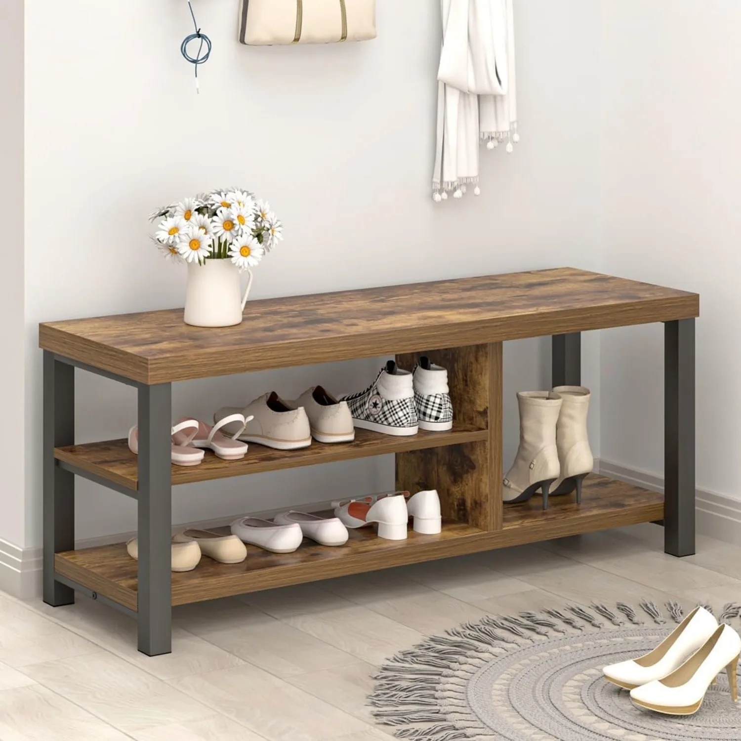 Shoe Bench Modern Wood Storage Bench for Entryway Hallway Industrial Indoor Shoe Rack Bench Seat for Living Room Bedroom 4
