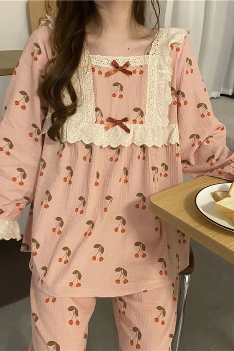 Palace style lace cute pajamas women's suit autumn winter Korean style cute sweet student style home clothes two-piece set chic
