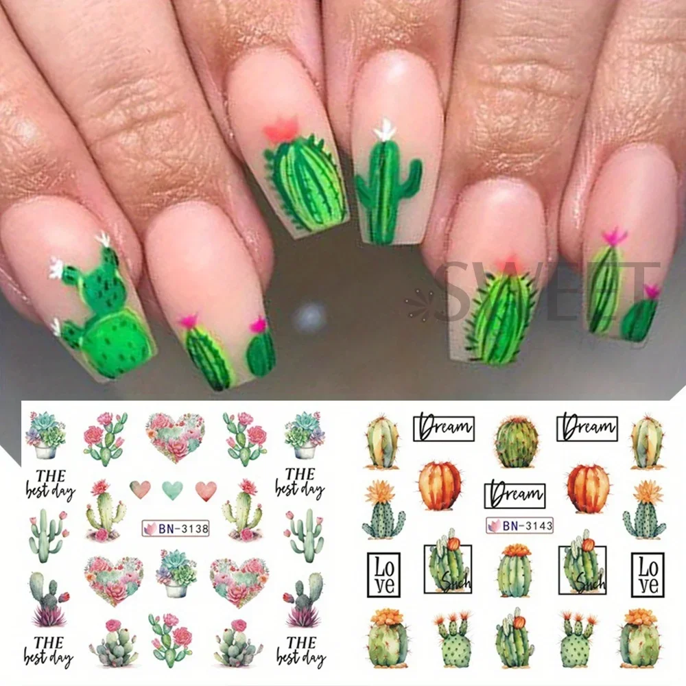 12 Design Green Cactus Nail Art Water Sticker Decal For Nail Art Decoration Plant Spring Cute Cactus Leaves Design Manicure Tips