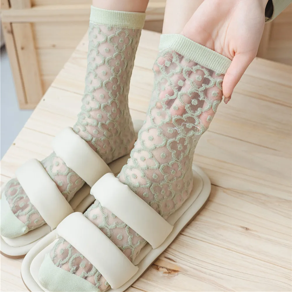 New Summer Women Socks Polka Dot Ultra-thin Transparent Crystal Silk Socks Women Harajuku Flower Sweet Girls Elastic Long Socks