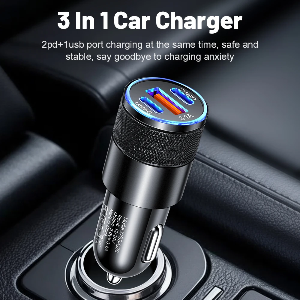 3.1A PD Car Charger USB Type C Fast Charging Car Phone Charger Adapter for iPhone Xiaomi Samsung Quick