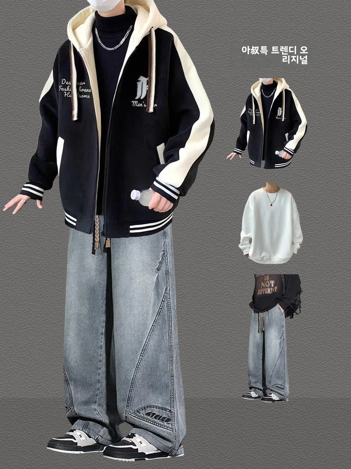 십대 소년을 위한 봄철 헤비웨이트 후드 야구 자켓 및 바지 세트, 스타일리시한 한국 버전 아우터웨어 캐주얼 스포츠웨어