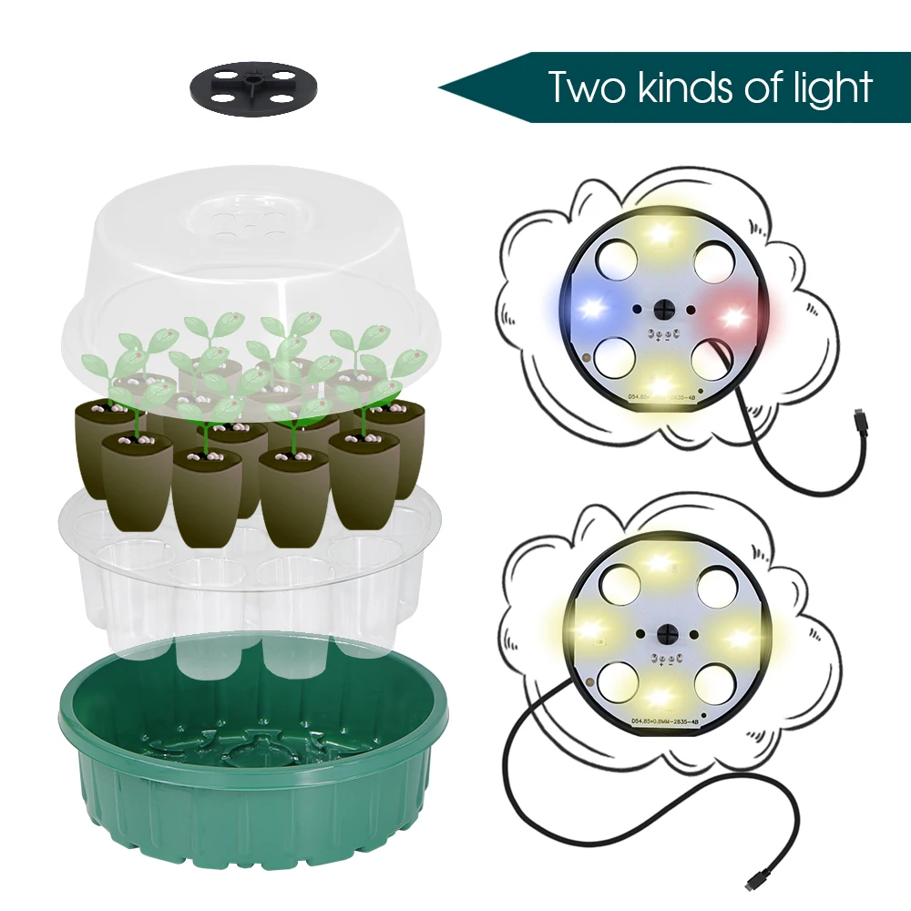 Greenhouse LED Lights Round Transparent Nursery Box kit 14 Cells Seedlings Germination Container A Growing Tool For Seedlings