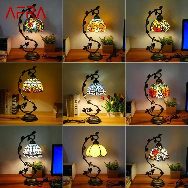 

AFRA Tiffany Table Lamp American Retro Living Room Bedroom Lamp Luxurious Villa Hotel Stained Glass Desk Lamp