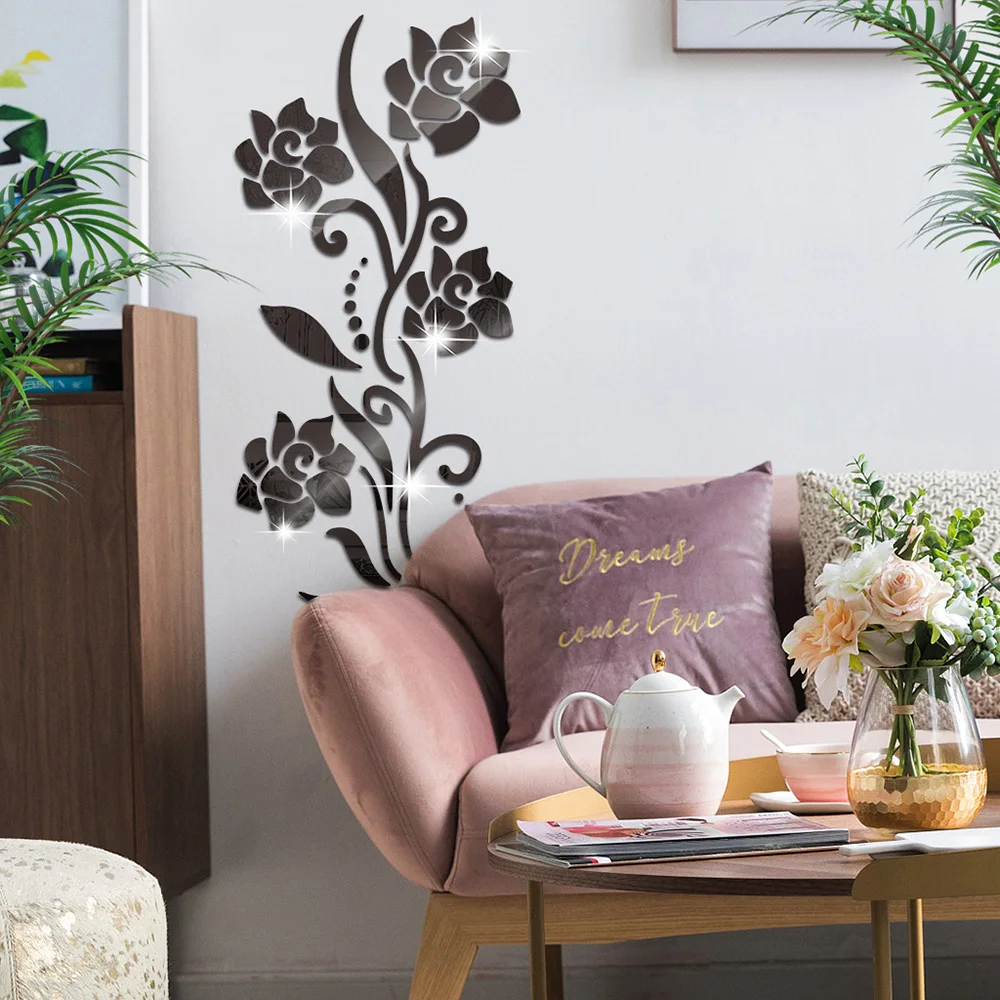 Lychee Life Rose Acrylic Mirror Wall Decal Door Living Room Bedroom Decal Mirror Effect Flower Vine Acrylic Wardrobe Wall