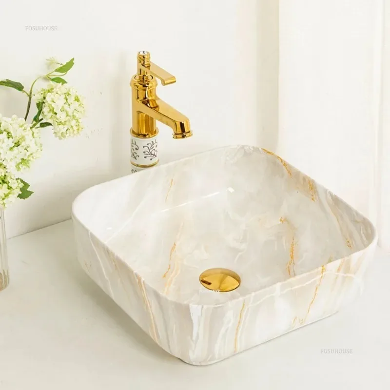 Ceramic Bathroom Sink Basin Household Art Wash Basin Balcony Vessel Gold Sinks Toilet Sink Small Shampoo Basins N 4