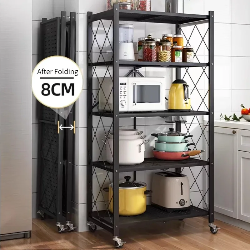 Storage Rack Foldable Metal Storage Shelves Large Iron Frame Multifunctional Living Room Rack Kitchen Shelf Wheels