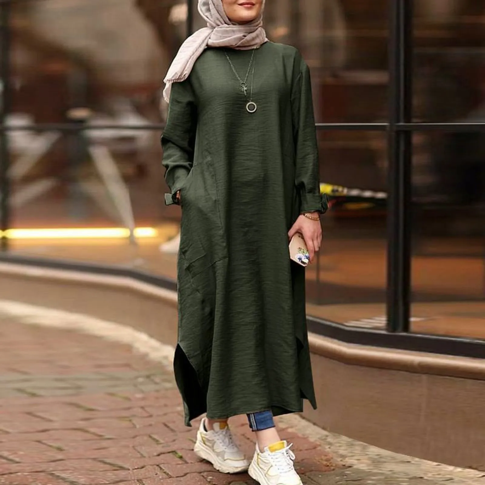 

2024 Vintage Muslim Maxi Dress Women's Sundress Long Sleeve Vestidos Female Casual Solid Robe Femme Hijab Dress Festival Robe