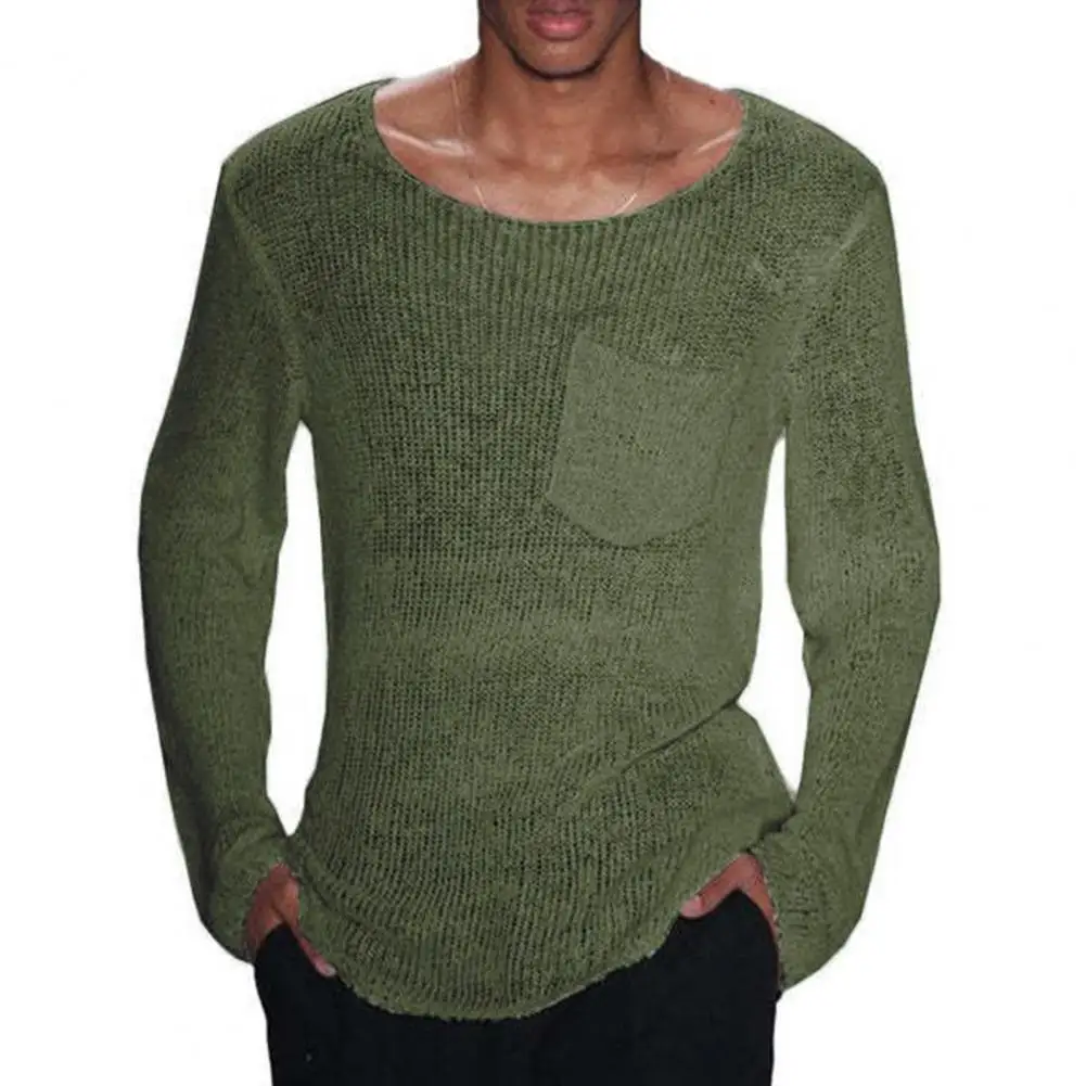 Solid Color Knit Sweater Men Sweater Stylish Men's Casual Knitwear Loose Fit Thin Pullover Hollow Out Long Sleeve Sweaters images - 6