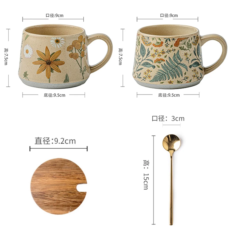 Chinese Style Ceramic Cute Mug, Home Personal Office, Creative With lid Spoon, Floral Pattern, Milk Water Coffee Cup, 360ml, 1Pc