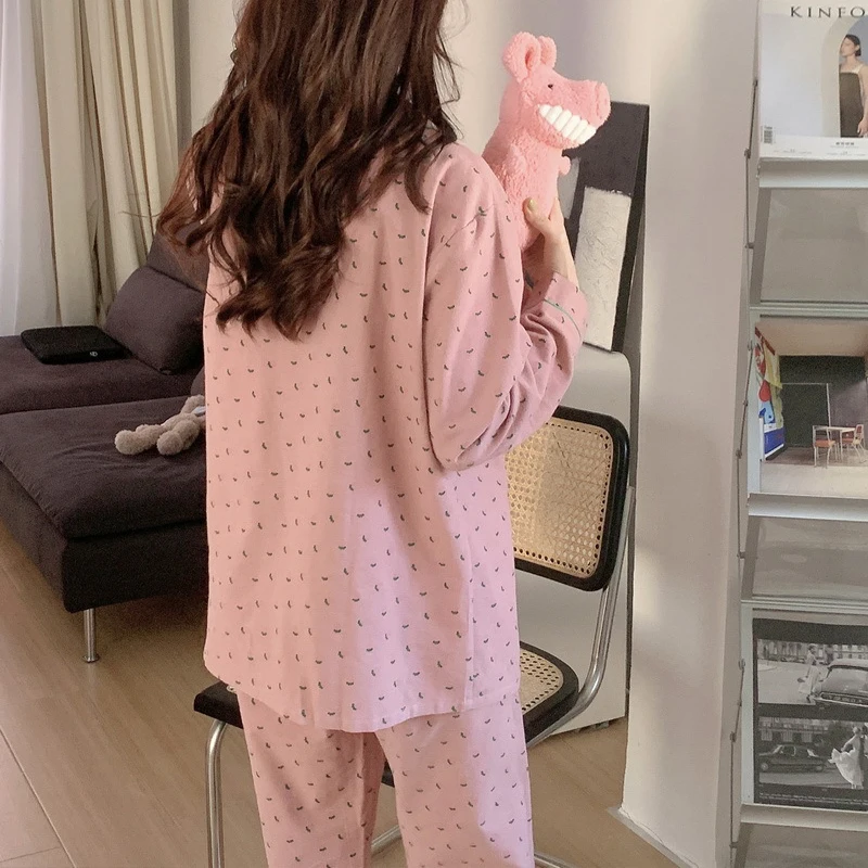 Women Pajamas Set Korean Summer Cute Heart Print Long Sleeve