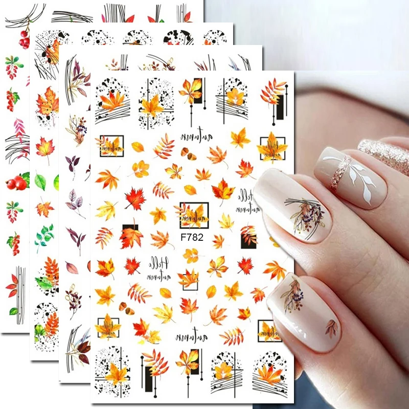 

Nail Art Decals Geometric Lines Autumn Maples Dry Leafs Fruits Back Glue Nail Stickers Decoration For Nail Tips Beauty