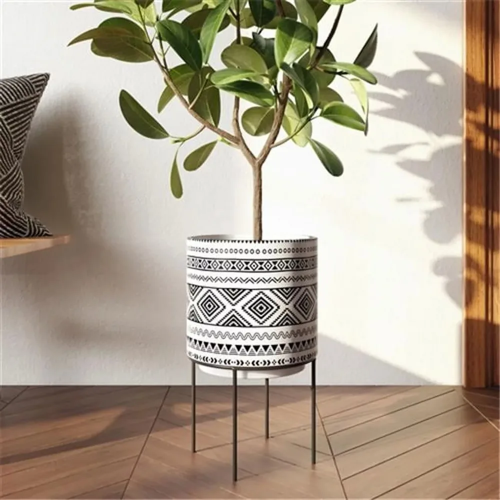 

Flower pot metal stand black and white decal modern ceramic flower pot