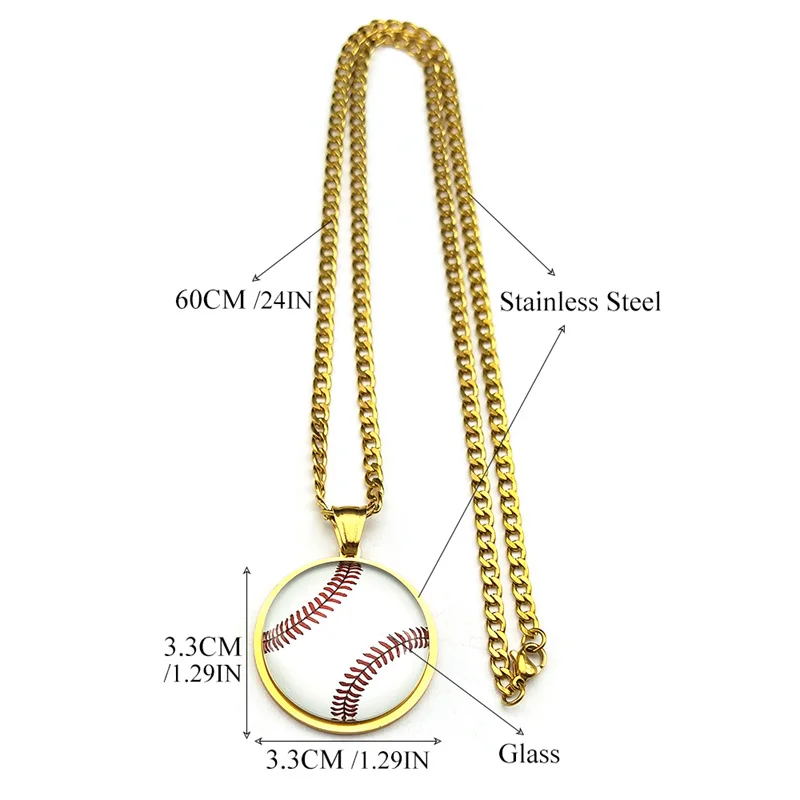 Mode Sport Baseball Runde Glas Anhänger Halskette für Frau Mann Edelstahl Schlüsselbein Kette Schmuck Collier NBL54-1S01 – Detail 2