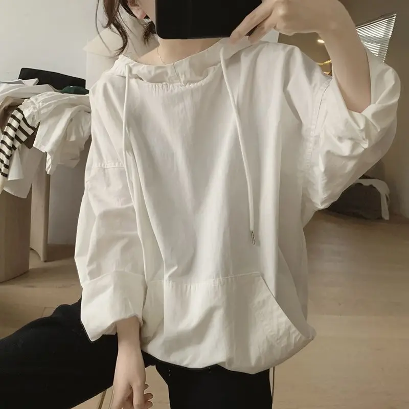 2023 Spring Autumn New Solid Color Fashion Long Sleeve Hoodies Women High Street Casual Drawstring Pockets All-match Pullovers
