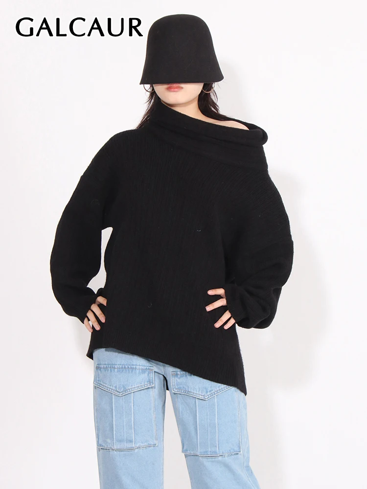 

GALCAUR Minimalist Knitting Pullover Sweaters For Women Diagonal Collar Long Sleeve Off One Shoulder Solid Casual Sweater Female