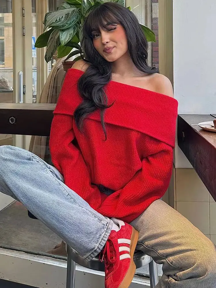 HH Sweater For Women Elegant Off Shoulder Pullover Sweaters Slash Neck Long Sleeve Knit Top Female Fashion Streetwear