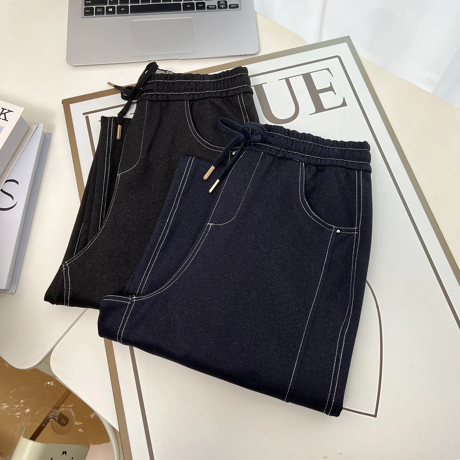 XXXXL Fashion Plus Size Women's Jeans New Autumn 2025 Casual Drawstring Denim Straight Leg Long Pants 26003