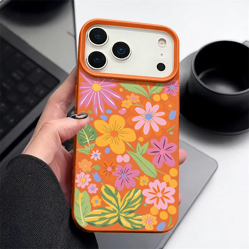 Vibrant Cartoon Flowers Shockproof Leather Texture Silicone Phone Case