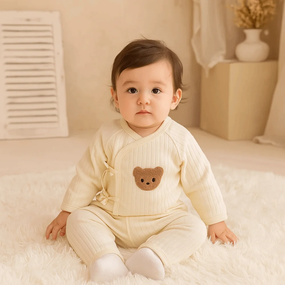 2Pcs/set Cartoon Bear Baby Cardigans Sets 0-6 Months Soft Cotton Baby Clothing Sets Long Sleeve Solid colors