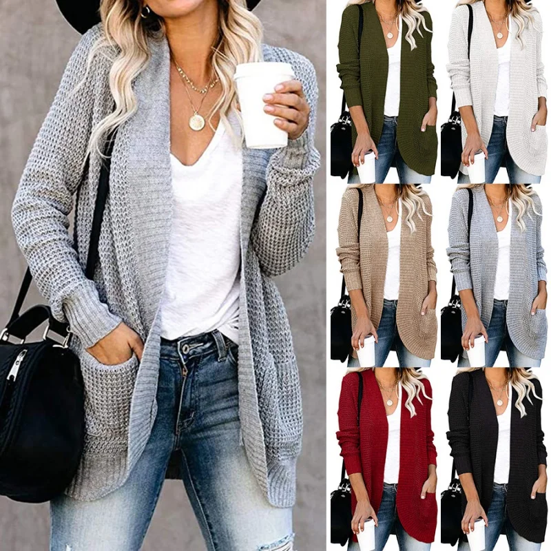 

women's knitted cardigan sweater 2023 autumn/winter cardigan double pocket casual comfort warm arc design multi-color choice