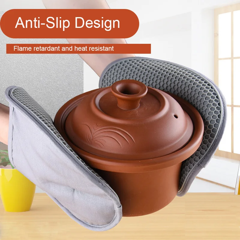Food Safe Flexible Heat Resistant Silicone Oven Mitt Non-Slip Oven Gloves with Quilted Liner for Kitchen Baking Barb
