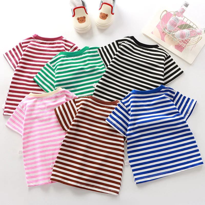 1pcs Kid 100% Cotton Short Sleeve T-shirt Summer Baby Comfortable Clothes Boys Girls Stripe Tee Children Breathable Leisure Tops