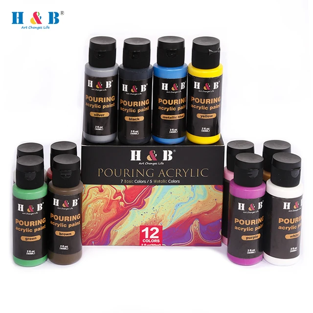 H&B 12 Colors Pouring Acrylic Paint Set 60ml/2 fl.oz Each Bottle Non Toxic  Art