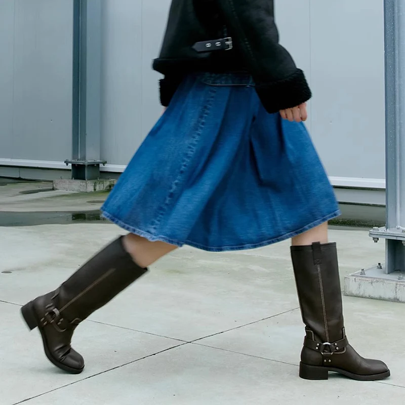 

Женские сапоги до колена с пряжкой и ремешком, мотоциклетные сапоги с круглым носком, ковбойские сапоги на толстом высоком каблуке, сапоги рыцарей, Botas de mujer