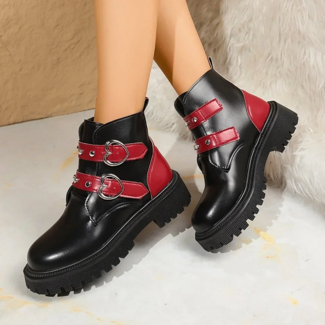 Women's Mid Heels Boot Round Toe Platform Shoes 2025 New Autumn Winter Fashion Belt Buckle Boots Short Boots for Women Handmade