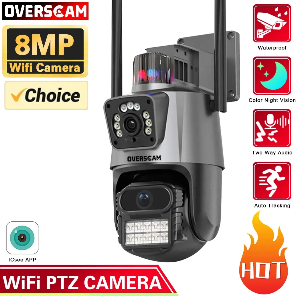 

8MP 4K Outdoor Wifi Camera with Anti-theft Siren Alarm Dual Lens PTZ Speed Dome Ai Human Detect P2P Video Surveillance iCSee