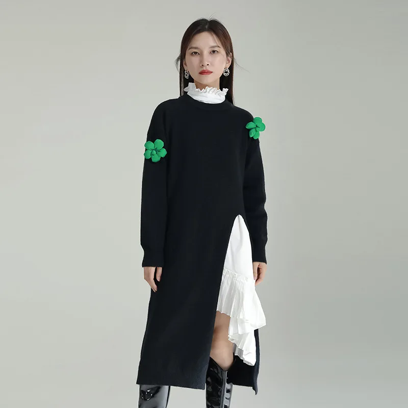 

2022 Winter Lazy Wind Side Split Dress Women Loose Set Head Knee-Length Knitted Sweater Dress