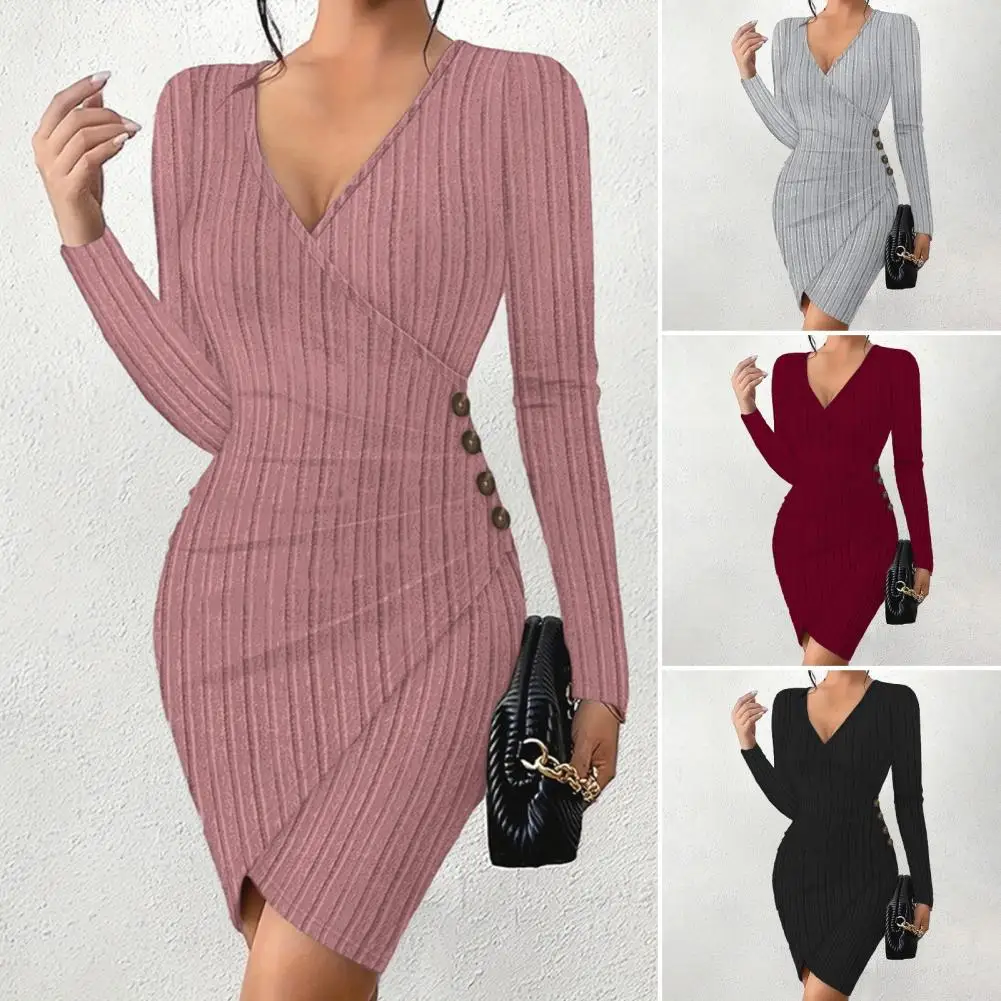 

Irregular Hem Dress Solid Color V-neck Dress Elegant V-neck Bodycon Dress with Irregular Hem Pleated Waist Solid for Office