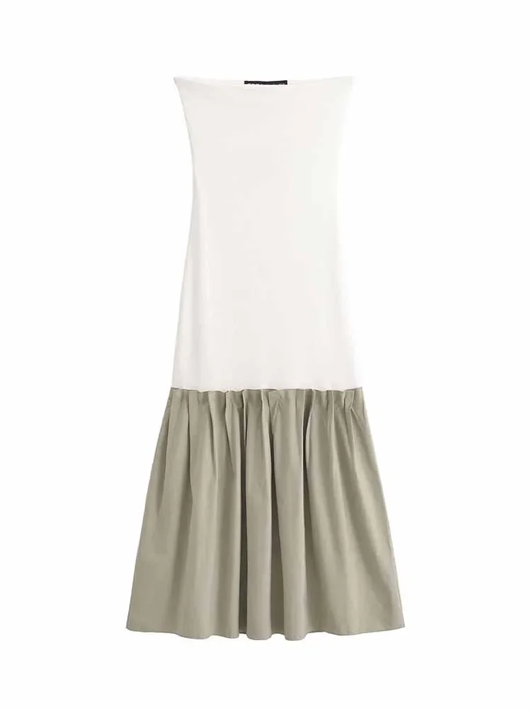 

Women's new Chic Fashion wide pleated skirt hem elastic patchwork Bra midi dress retro sleeveless backless women's dress Mujer