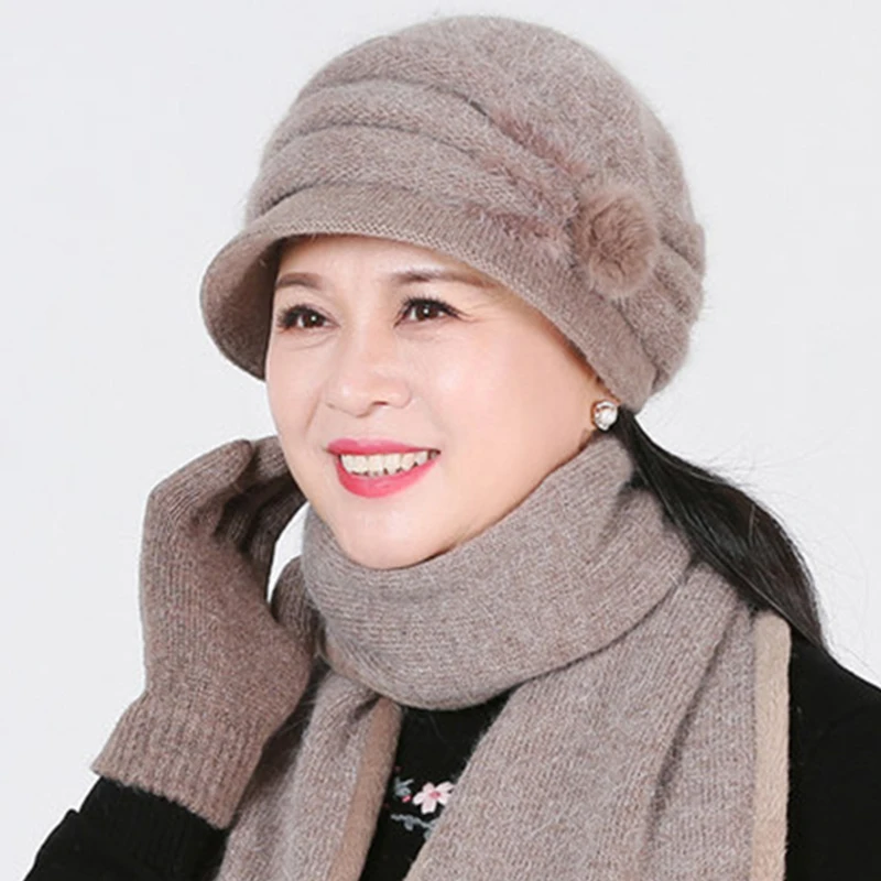

Warm Mother's Hat Winter Wool Cap Ladies Faux Rabbit Fur Visors Berets Hats Thickened Plush Painter Caps Soft Women Knit Hats
